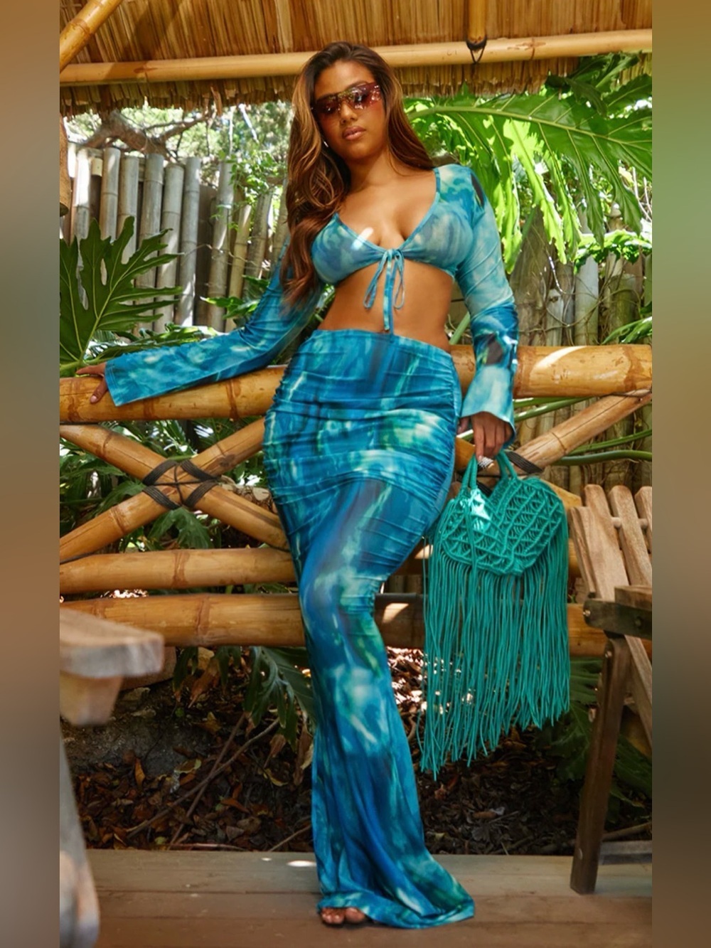 Blue Tie Dye Mesh Cover Up Set | Top Small Skirt Medium